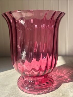 Pilgrim Pink Glass Cranberry Optic Hurricane Vase Candle Holder EUC Large 8”